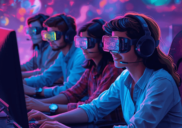 Screenshot or illustration of employees playing virtual games.