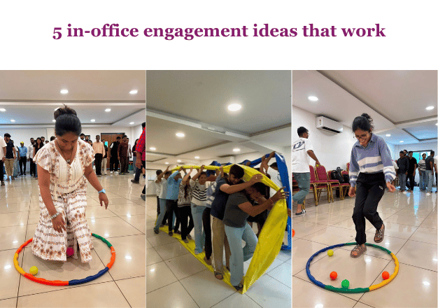 In-office engagement ideas — team members playing hoop and relay games in the office