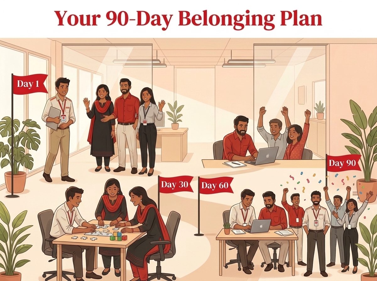 Your 90-Day Belonging Plan — flags marking Day 1, Day 30, Day 60 and Day 90 of a new hire’s journey