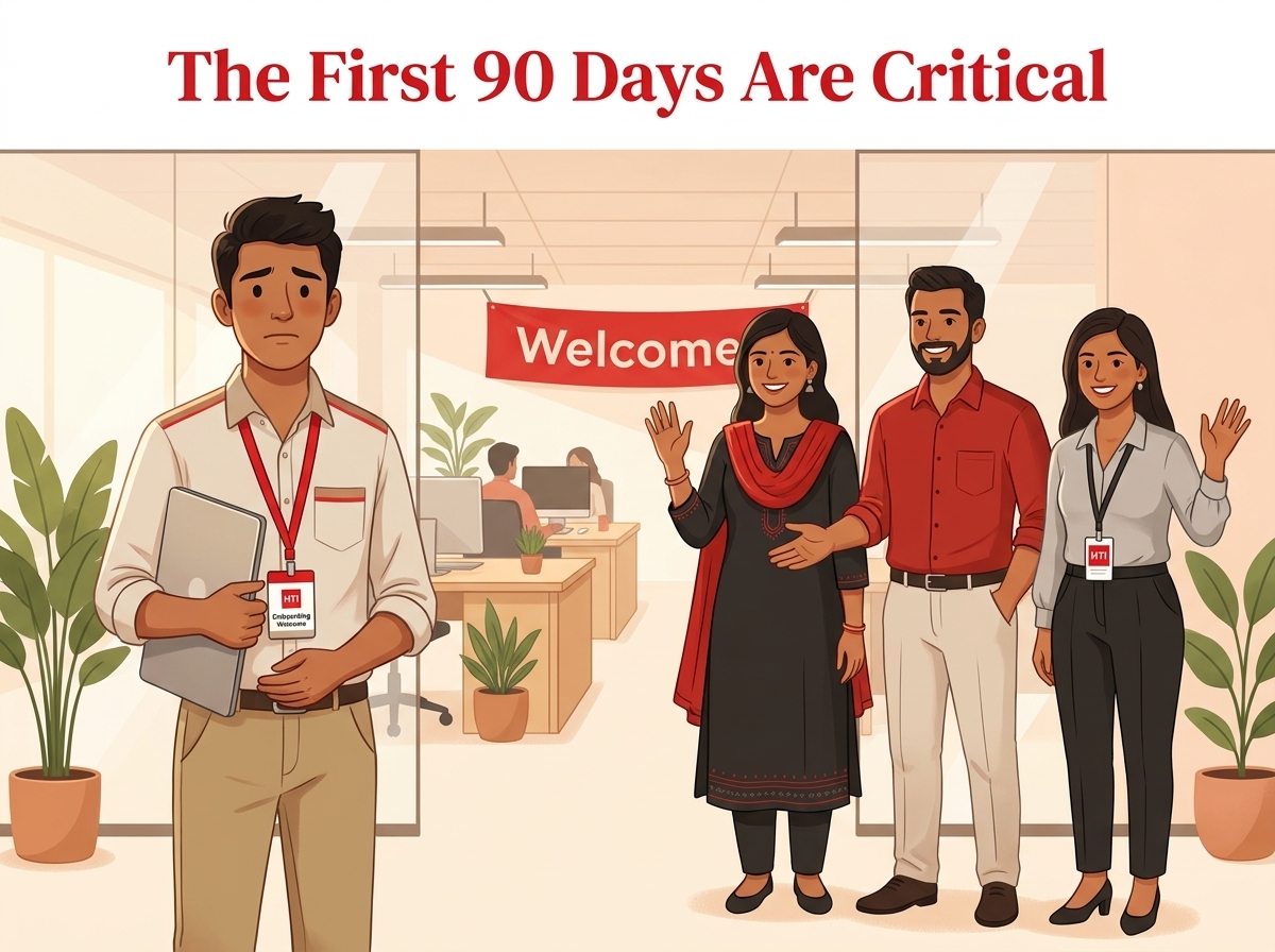 The First 90 Days Are Critical — a nervous new hire on his first day, greeted by smiling colleagues under a Welcome banner