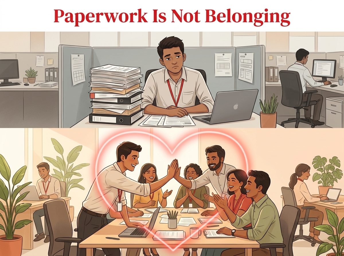 Paperwork Is Not Belonging — a new hire alone behind a stack of files, then high-fiving his new team