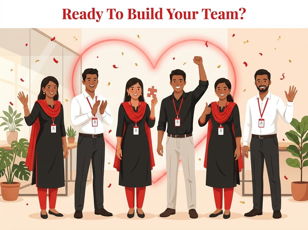 Ready To Build Your Team? — a new-joiner batch celebrating together in front of a glowing heart