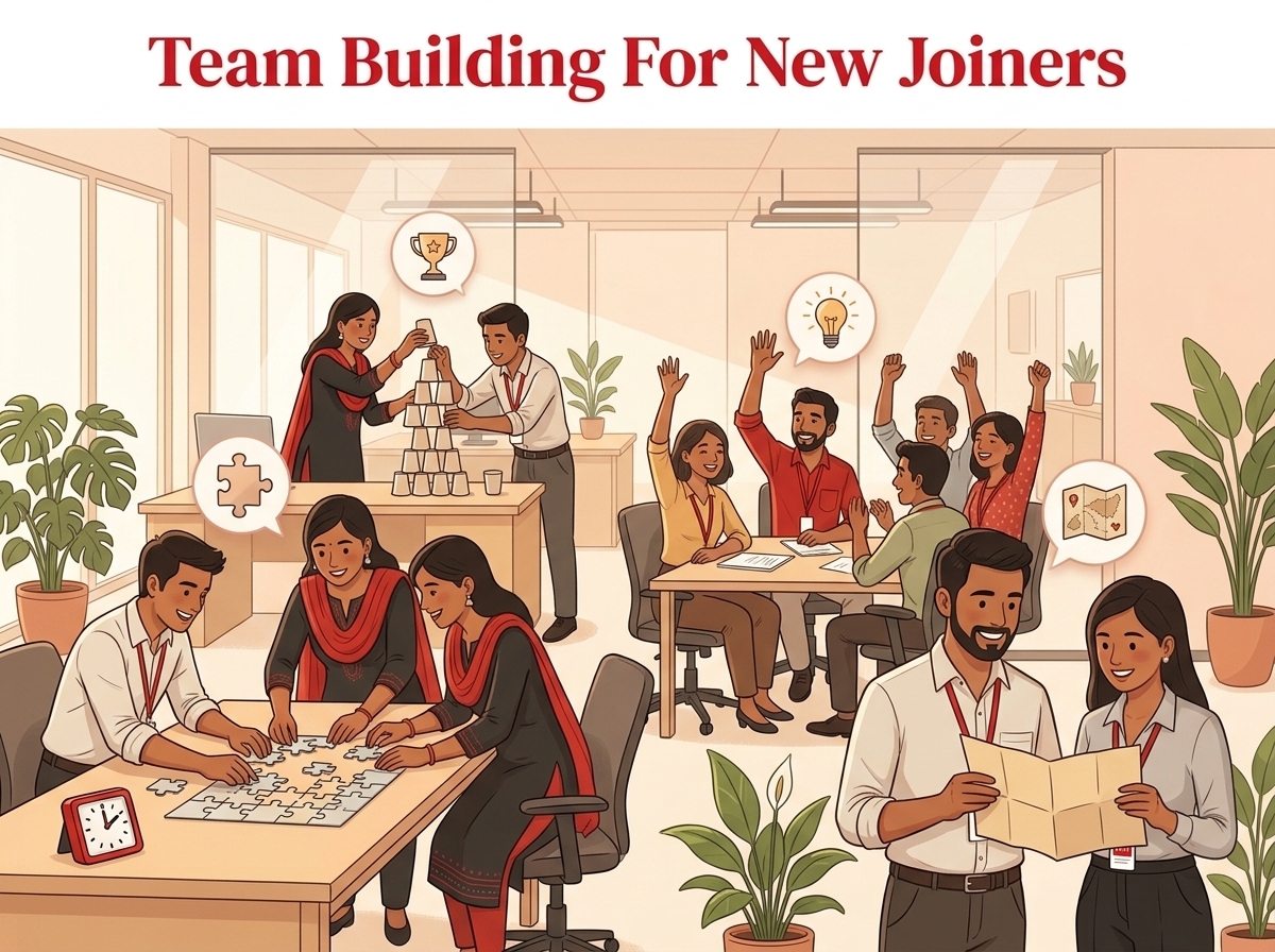 Team Building For New Joiners — new employees solving a jigsaw, stacking cups and following a treasure map together