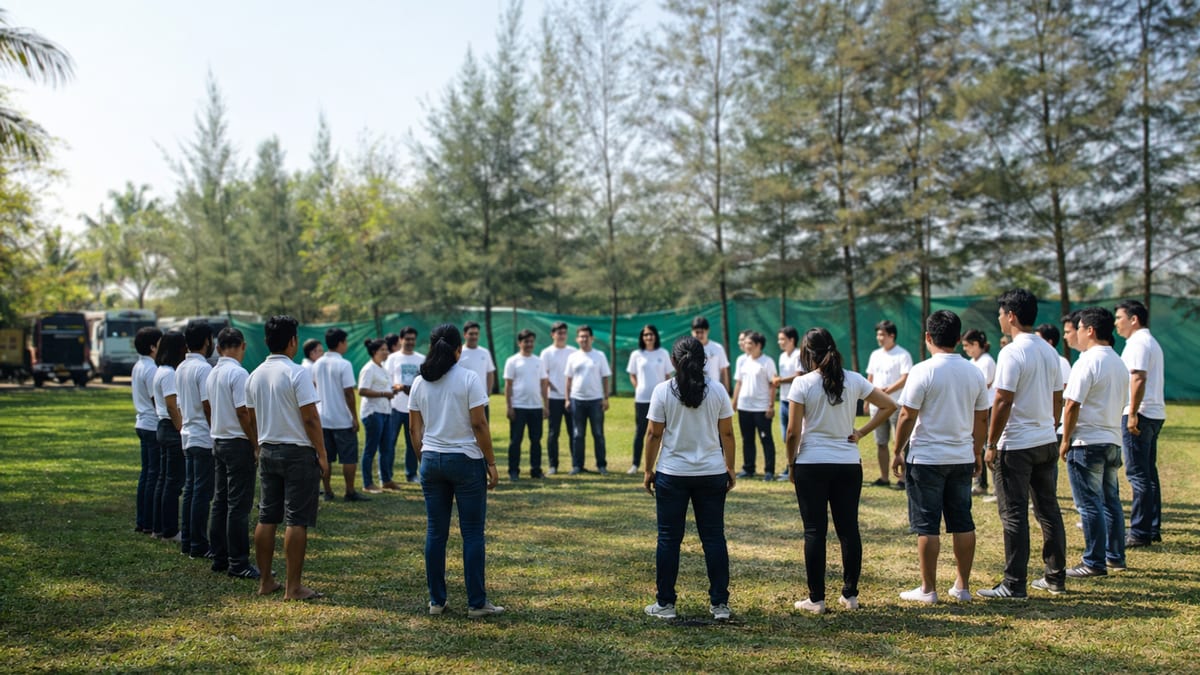 Corporate group standing in a wide circle on the resort lawn, ringed by tall pines